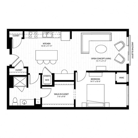 Floor plan for 1 bed, 1 bath, 756 sqft